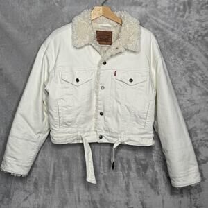 Levi's Premium Jacket Womens Small White Sherpa Lined Trucker Belted Denim